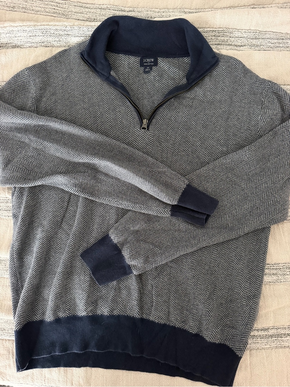 J. Crew Gray Herringbone Half-Zip Sweater with Navy Trim